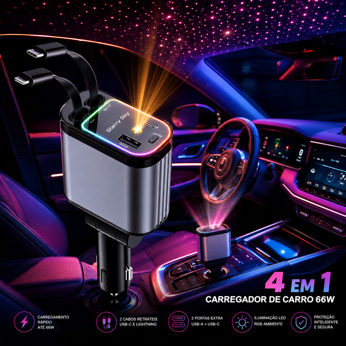 PowerLink Max™ | Carregador Automóvel 4 em 1 | Energia Rápida, Organização e Máxima Conveniência