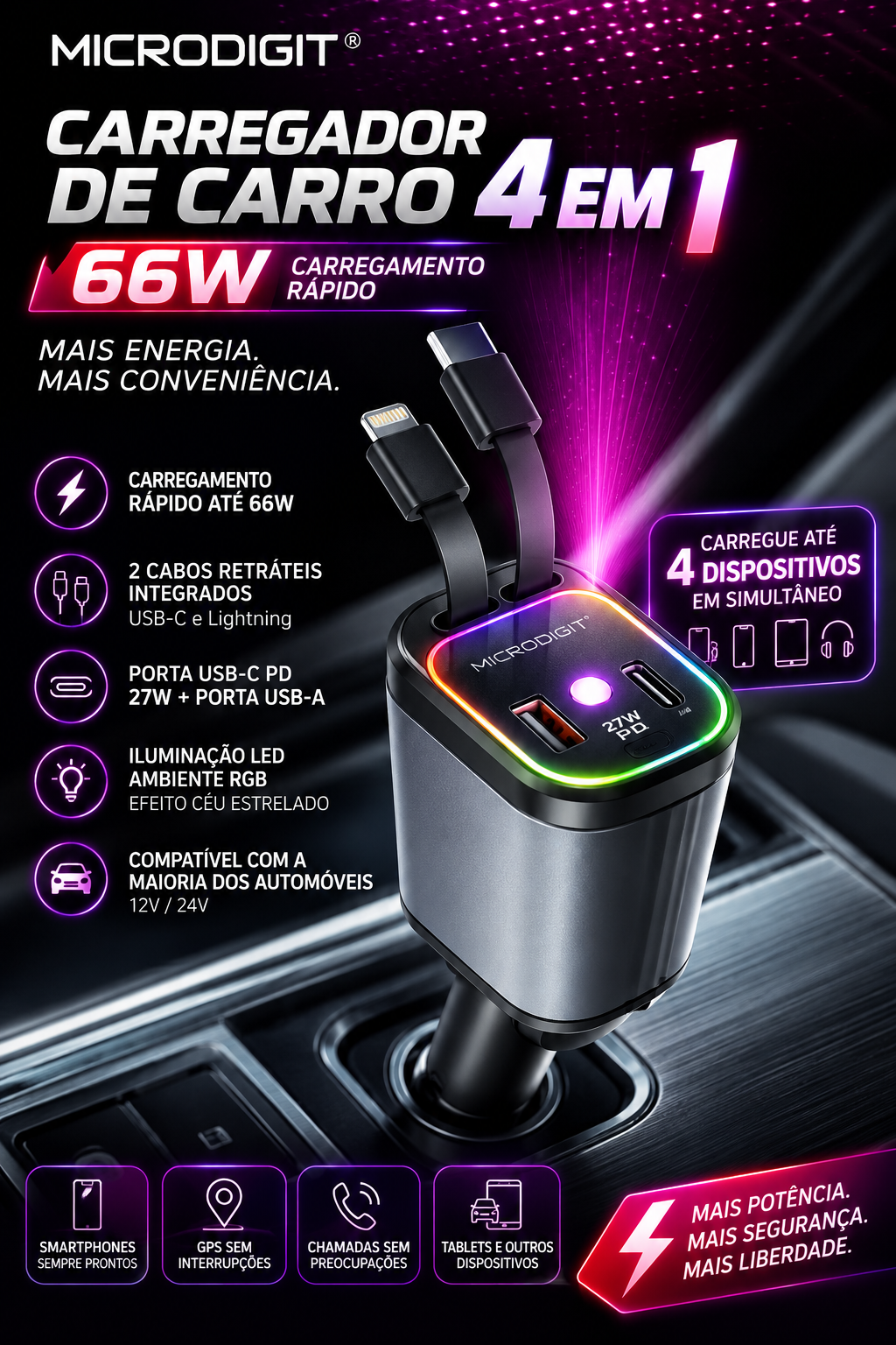 PowerLink Max™ | Carregador Automóvel 4 em 1 | Energia Rápida, Organização e Máxima Conveniência