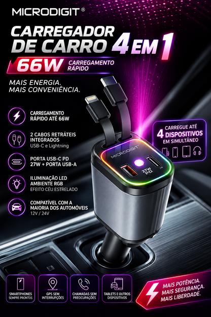 PowerLink Max™ | Carregador Automóvel 4 em 1 | Energia Rápida, Organização e Máxima Conveniência